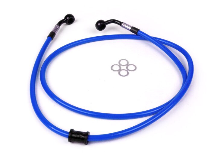 Selang rem depan untuk kaliper rem Brembo P4 30/34 -Selang Spiegel: baja tahan karat (biru), fitting: aluminium (hitam) - Vespa (tanpa ABS) GT 125 (ZAPM311), GT 200 (ZAPM312), GT L 125 (ZAPM311), GT L 200 (ZAPM312), GTS 125 (ZAPM313), GTS 250 (ZAPM451), G