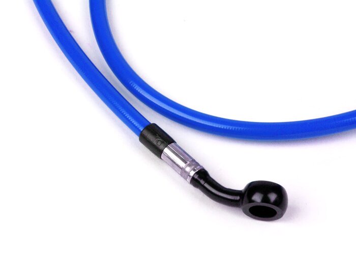 Selang rem depan untuk kaliper rem Brembo P4 30/34 -Selang Spiegel: baja tahan karat (biru), fitting: aluminium (hitam) - Vespa (tanpa ABS) GT 125 (ZAPM311), GT 200 (ZAPM312), GT L 125 (ZAPM311), GT L 200 (ZAPM312), GTS 125 (ZAPM313), GTS 250 (ZAPM451), G