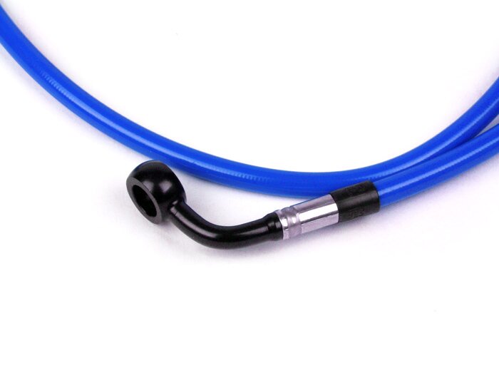 Selang rem depan untuk kaliper rem Brembo P4 30/34 -Selang Spiegel: baja tahan karat (biru), fitting: aluminium (hitam) - Vespa (tanpa ABS) GT 125 (ZAPM311), GT 200 (ZAPM312), GT L 125 (ZAPM311), GT L 200 (ZAPM312), GTS 125 (ZAPM313), GTS 250 (ZAPM451), G