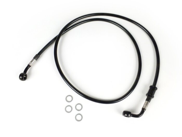 Brake hose, front, for brake caliper Brembo P4 30/34 -SPIEGLER hose: stainless steel (black), fitting: aluminium (black)- Vespa (without ABS) GT 125 (ZAPM311), GT 200 (ZAPM312), GT L 125 (ZAPM311), GT L 200 (ZAPM312), GTS 125 (ZAPM313), GTS 250 (ZAPM451),