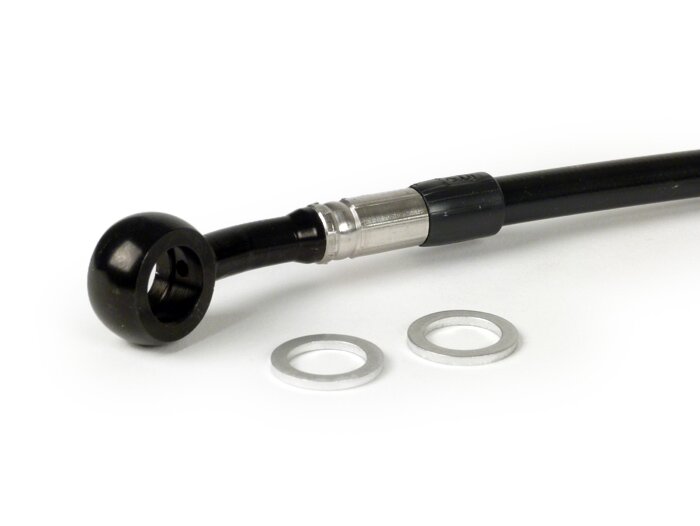 Brake hose, front, for brake caliper Brembo P4 30/34 -SPIEGLER hose: stainless steel (black), fitting: aluminium (black)- Vespa (without ABS) GT 125 (ZAPM311), GT 200 (ZAPM312), GT L 125 (ZAPM311), GT L 200 (ZAPM312), GTS 125 (ZAPM313), GTS 250 (ZAPM451),