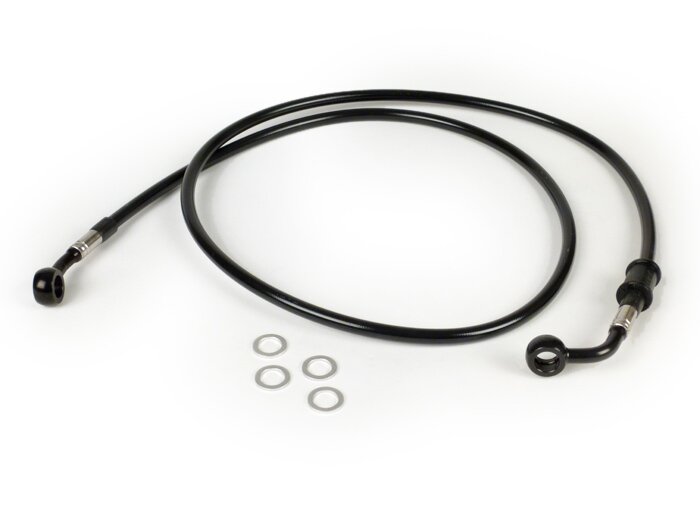 Brake hose, front, for brake caliper Brembo P4 30/34 -SPIEGLER hose: stainless steel (black), fitting: aluminium (black)- Vespa (without ABS) GT 125 (ZAPM311), GT 200 (ZAPM312), GT L 125 (ZAPM311), GT L 200 (ZAPM312), GTS 125 (ZAPM313), GTS 250 (ZAPM451),