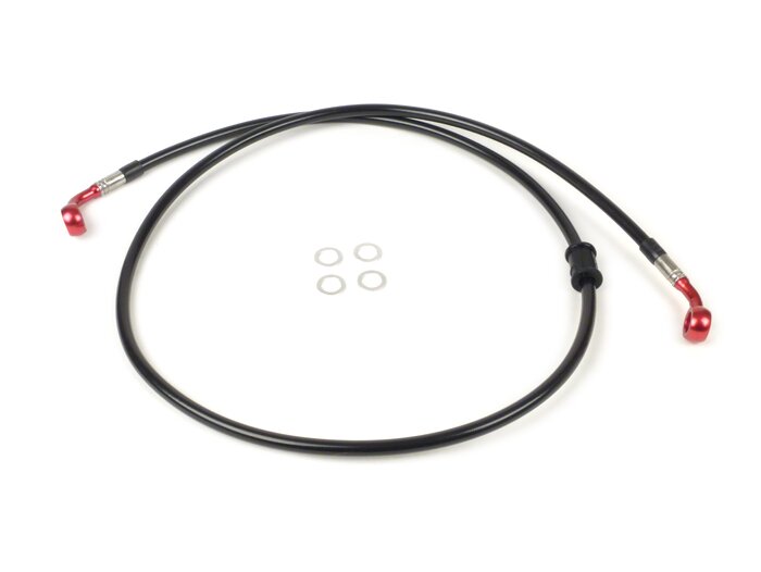 Brake hose, front, for brake caliper Brembo P4 30/34 -SPIEGLER hose: stainless steel (black), fitting: aluminium (red)- Vespa (without ABS) GT 125 (ZAPM311), GT 200 (ZAPM312), GT L 125 (ZAPM311), GT L 200 (ZAPM312), GTS 125 (ZAPM313), GTS 250 (ZAPM451), G