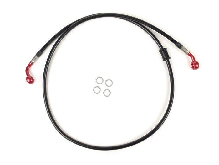 Brake hose, front, for brake caliper Brembo P4 30/34 -SPIEGLER hose: stainless steel (black), fitting: aluminium (red)- Vespa (without ABS) GT 125 (ZAPM311), GT 200 (ZAPM312), GT L 125 (ZAPM311), GT L 200 (ZAPM312), GTS 125 (ZAPM313), GTS 250 (ZAPM451), G