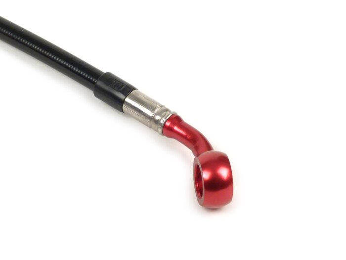 Brake hose, front, for brake caliper Brembo P4 30/34 -SPIEGLER hose: stainless steel (black), fitting: aluminium (red)- Vespa (without ABS) GT 125 (ZAPM311), GT 200 (ZAPM312), GT L 125 (ZAPM311), GT L 200 (ZAPM312), GTS 125 (ZAPM313), GTS 250 (ZAPM451), G