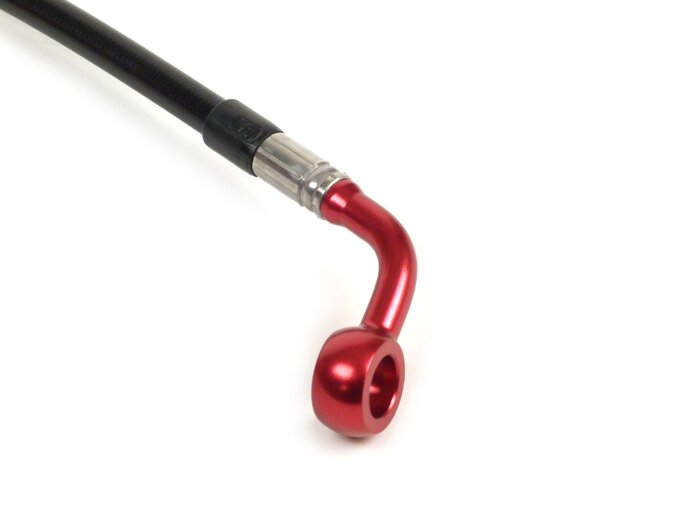 Brake hose, front, for brake caliper Brembo P4 30/34 -SPIEGLER hose: stainless steel (black), fitting: aluminium (red)- Vespa (without ABS) GT 125 (ZAPM311), GT 200 (ZAPM312), GT L 125 (ZAPM311), GT L 200 (ZAPM312), GTS 125 (ZAPM313), GTS 250 (ZAPM451), G
