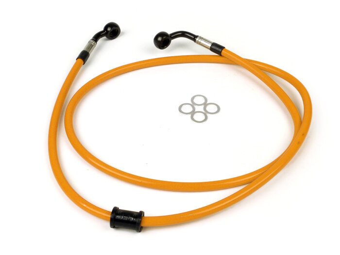 Främre bromsledning för Brembo P4 30/34 bromsok -SPIEGLER ledning: rostfritt stål (orange), montering: aluminium (svart)- Vespa (utan ABS) GT 125 (ZAPM311), GT 200 (ZAPM312), GT L 125 (ZAPM311), GT L 200 (ZAPM312), GTS 125 (ZAPM313), GTS 250 (ZAPM451), GT