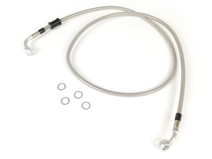 Brake hose, front, for brake caliper Brembo P4 30/34 -SPIEGLER hose: stainless steel (transparent), fitting: aluminium (silver)- Vespa (without ABS) GT 125 (ZAPM311), GT 200 (ZAPM312), GT L 125 (ZAPM311), GT L 200 (ZAPM312), GTS 125 (ZAPM313), GTS 250 (ZA