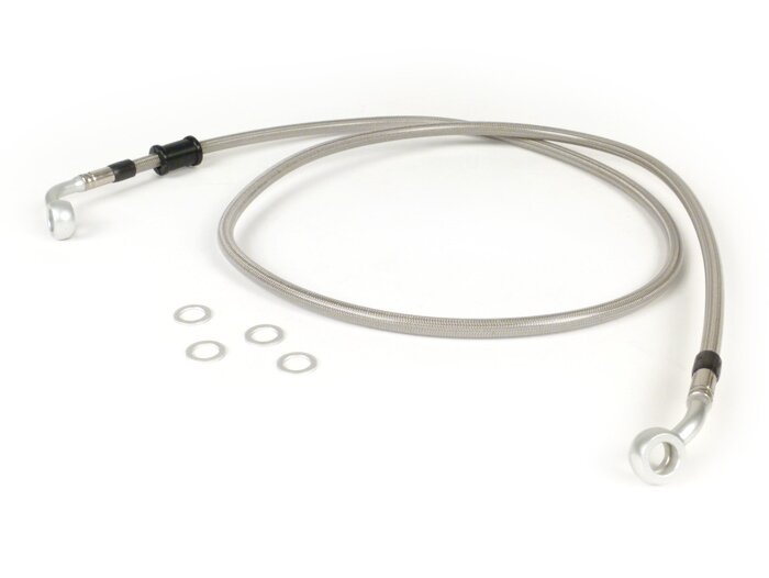 Brake hose, front, for brake caliper Brembo P4 30/34 -SPIEGLER hose: stainless steel (transparent), fitting: aluminium (silver)- Vespa (without ABS) GT 125 (ZAPM311), GT 200 (ZAPM312), GT L 125 (ZAPM311), GT L 200 (ZAPM312), GTS 125 (ZAPM313), GTS 250 (ZA
