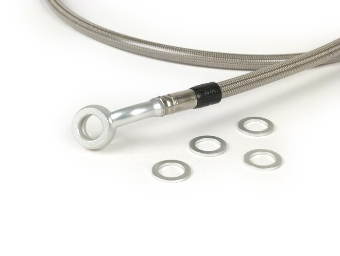 Brake hose, front, for brake caliper Brembo P4 30/34 -SPIEGLER hose: stainless steel (transparent), fitting: aluminium (silver)- Vespa (without ABS) GT 125 (ZAPM311), GT 200 (ZAPM312), GT L 125 (ZAPM311), GT L 200 (ZAPM312), GTS 125 (ZAPM313), GTS 250 (ZA