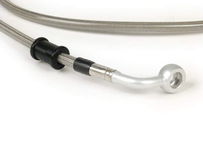 Brake hose, front, for brake caliper Brembo P4 30/34 -SPIEGLER hose: stainless steel (transparent), fitting: aluminium (silver)- Vespa (without ABS) GT 125 (ZAPM311), GT 200 (ZAPM312), GT L 125 (ZAPM311), GT L 200 (ZAPM312), GTS 125 (ZAPM313), GTS 250 (ZA