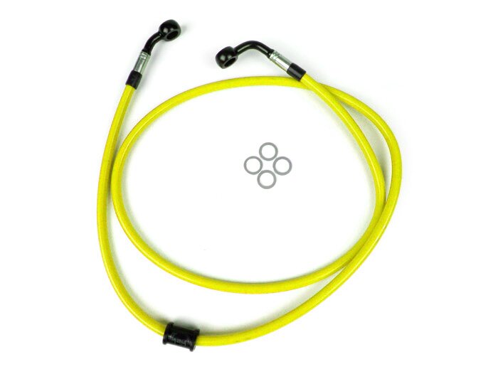 Durite de frein avant pour étrier de frein Brembo P4 30/34 -SPIEGLER durite: inox (jaune), raccord: aluminium (noir)- Vespa (sans ABS) GT 125 (ZAPM311), GT 200 (ZAPM312), GT L 125 (ZAPM311), GT L 200 (ZAPM312), GTS 125 (ZAPM313), GTS 250 (ZAPM451), GTS 12