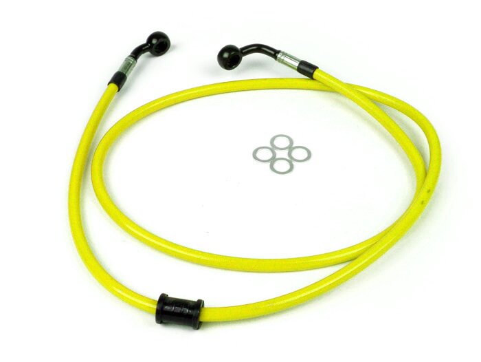 Durite de frein avant pour étrier de frein Brembo P4 30/34 -SPIEGLER durite: inox (jaune), raccord: aluminium (noir)- Vespa (sans ABS) GT 125 (ZAPM311), GT 200 (ZAPM312), GT L 125 (ZAPM311), GT L 200 (ZAPM312), GTS 125 (ZAPM313), GTS 250 (ZAPM451), GTS 12