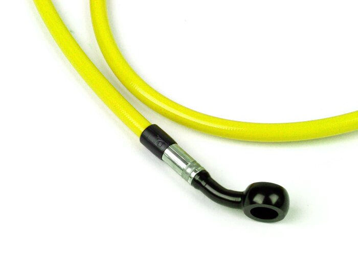 Durite de frein avant pour étrier de frein Brembo P4 30/34 -SPIEGLER durite: inox (jaune), raccord: aluminium (noir)- Vespa (sans ABS) GT 125 (ZAPM311), GT 200 (ZAPM312), GT L 125 (ZAPM311), GT L 200 (ZAPM312), GTS 125 (ZAPM313), GTS 250 (ZAPM451), GTS 12