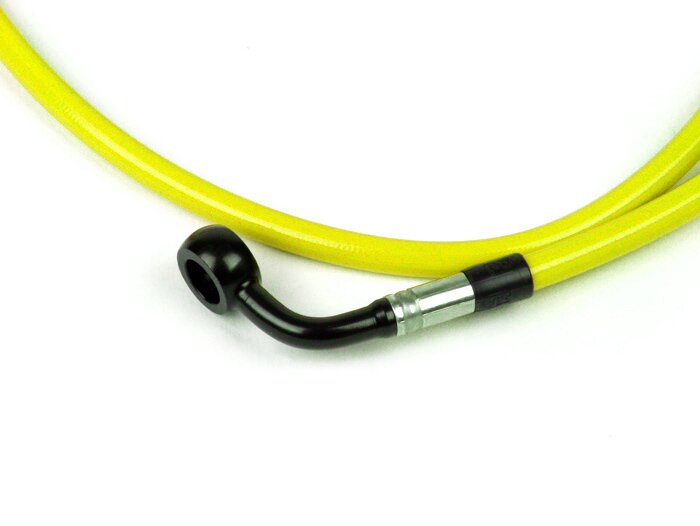 Durite de frein avant pour étrier de frein Brembo P4 30/34 -SPIEGLER durite: inox (jaune), raccord: aluminium (noir)- Vespa (sans ABS) GT 125 (ZAPM311), GT 200 (ZAPM312), GT L 125 (ZAPM311), GT L 200 (ZAPM312), GTS 125 (ZAPM313), GTS 250 (ZAPM451), GTS 12