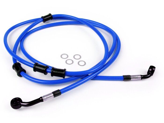 Durite de frein arrière pour étrier de frein Brembo P32G, P34G, Frando -SPIEGLER durite: inox (bleu), raccord: aluminium (noir)- Vespa (sans ABS) GTS 250 (ZAPM451), GTS 125 i.e. (ZAPM453), GTS 300 i.e. (ZAPM452)