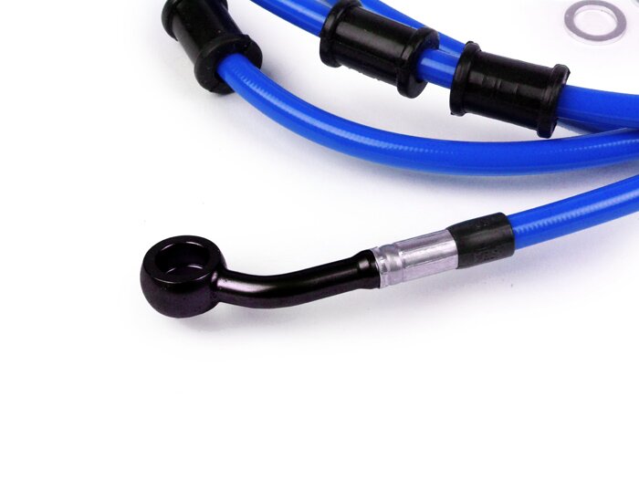 Durite de frein arrière pour étrier de frein Brembo P32G, P34G, Frando -SPIEGLER durite: inox (bleu), raccord: aluminium (noir)- Vespa (sans ABS) GTS 250 (ZAPM451), GTS 125 i.e. (ZAPM453), GTS 300 i.e. (ZAPM452)