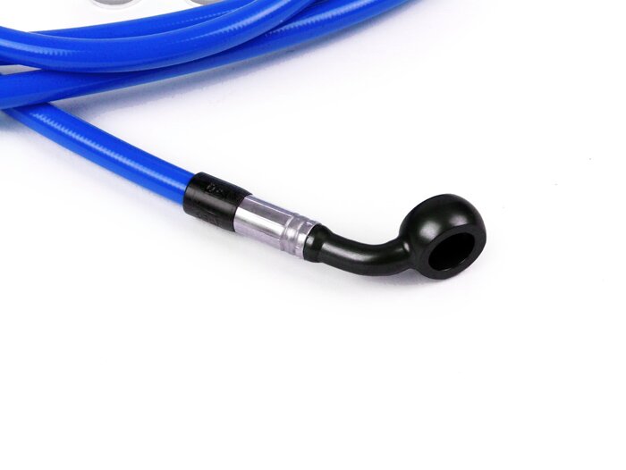 Durite de frein arrière pour étrier de frein Brembo P32G, P34G, Frando -SPIEGLER durite: inox (bleu), raccord: aluminium (noir)- Vespa (sans ABS) GTS 250 (ZAPM451), GTS 125 i.e. (ZAPM453), GTS 300 i.e. (ZAPM452)