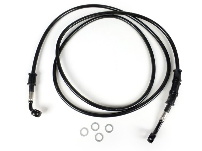 Durite de frein arrière pour étrier de frein Brembo P32G, P34G, Frando -SPIEGLER durite: inox (noir), raccord: aluminium (noir)- Vespa (sans ABS) GTS 250 (ZAPM451), GTS 125 i.e. (ZAPM453), GTS 300 i.e. (ZAPM452)