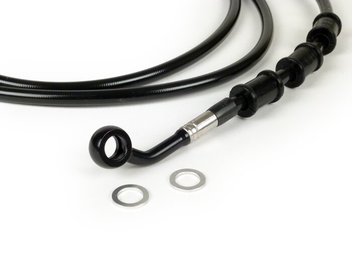 Durite de frein arrière pour étrier de frein Brembo P32G, P34G, Frando -SPIEGLER durite: inox (noir), raccord: aluminium (noir)- Vespa (sans ABS) GTS 250 (ZAPM451), GTS 125 i.e. (ZAPM453), GTS 300 i.e. (ZAPM452)