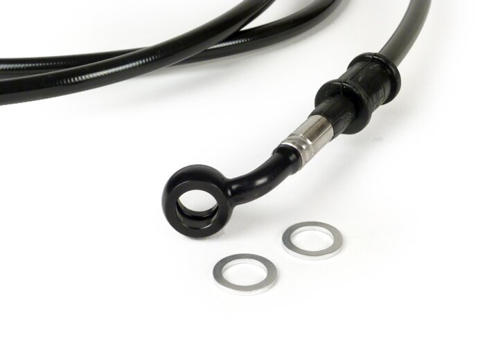 Durite de frein arrière pour étrier de frein Brembo P32G, P34G, Frando -SPIEGLER durite: inox (noir), raccord: aluminium (noir)- Vespa (sans ABS) GTS 250 (ZAPM451), GTS 125 i.e. (ZAPM453), GTS 300 i.e. (ZAPM452)