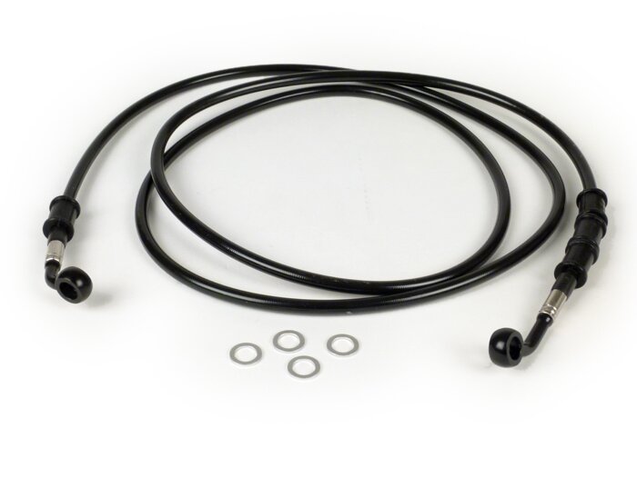 Durite de frein arrière pour étrier de frein Brembo P32G, P34G, Frando -SPIEGLER durite: inox (noir), raccord: aluminium (noir)- Vespa (sans ABS) GTS 250 (ZAPM451), GTS 125 i.e. (ZAPM453), GTS 300 i.e. (ZAPM452)