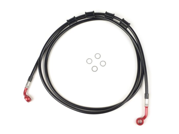 Brake hose, rear, for brake caliper Brembo P32G, P34G, Frando -SPIEGLER hose: stainless steel (black), fitting: aluminium (red)- Vespa (without ABS) GTS 250 (ZAPM451), GTS 125 i.e. (ZAPM453), GTS 300 i.e. (ZAPM452)