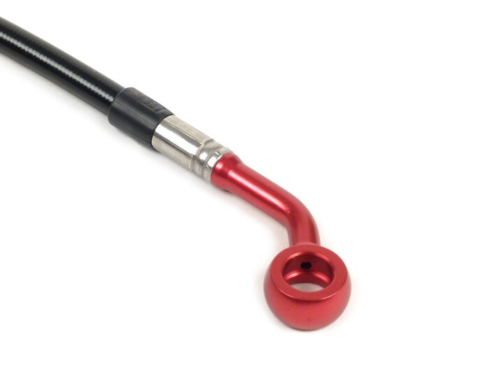 Brake hose, rear, for brake caliper Brembo P32G, P34G, Frando -SPIEGLER hose: stainless steel (black), fitting: aluminium (red)- Vespa (without ABS) GTS 250 (ZAPM451), GTS 125 i.e. (ZAPM453), GTS 300 i.e. (ZAPM452)
