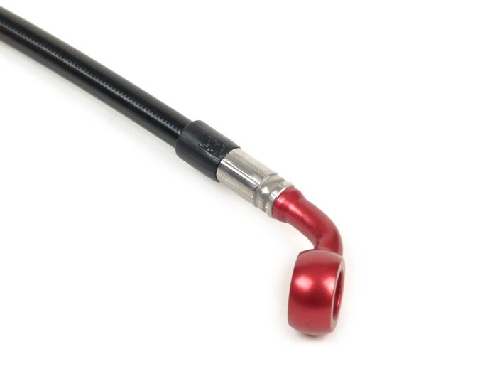 Brake hose, rear, for brake caliper Brembo P32G, P34G, Frando -SPIEGLER hose: stainless steel (black), fitting: aluminium (red)- Vespa (without ABS) GTS 250 (ZAPM451), GTS 125 i.e. (ZAPM453), GTS 300 i.e. (ZAPM452)