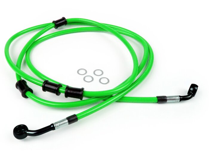 Durite de frein arrière pour étrier de frein Brembo P32G, P34G, Frando -SPIEGLER durite: inox (vert), raccord: aluminium (noir)- Vespa (sans ABS) GTS 250 (ZAPM451), GTS 125 i.e. (ZAPM453), GTS 300 i.e. (ZAPM452)