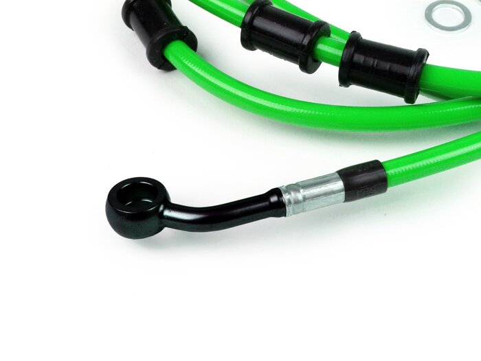 Durite de frein arrière pour étrier de frein Brembo P32G, P34G, Frando -SPIEGLER durite: inox (vert), raccord: aluminium (noir)- Vespa (sans ABS) GTS 250 (ZAPM451), GTS 125 i.e. (ZAPM453), GTS 300 i.e. (ZAPM452)