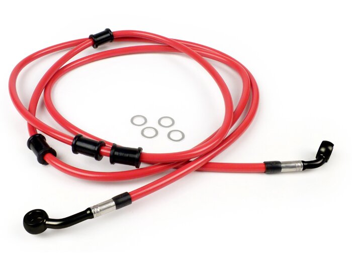 Brake hose, rear, for brake caliper Brembo P32G, P34G, Frando -SPIEGLER hose: stainless steel (red), fitting: aluminium (black)- Vespa (without ABS) GTS 250 (ZAPM451), GTS 125 i.e. (ZAPM453), GTS 300 i.e. (ZAPM452)