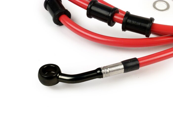 Brake hose, rear, for brake caliper Brembo P32G, P34G, Frando -SPIEGLER hose: stainless steel (red), fitting: aluminium (black)- Vespa (without ABS) GTS 250 (ZAPM451), GTS 125 i.e. (ZAPM453), GTS 300 i.e. (ZAPM452)