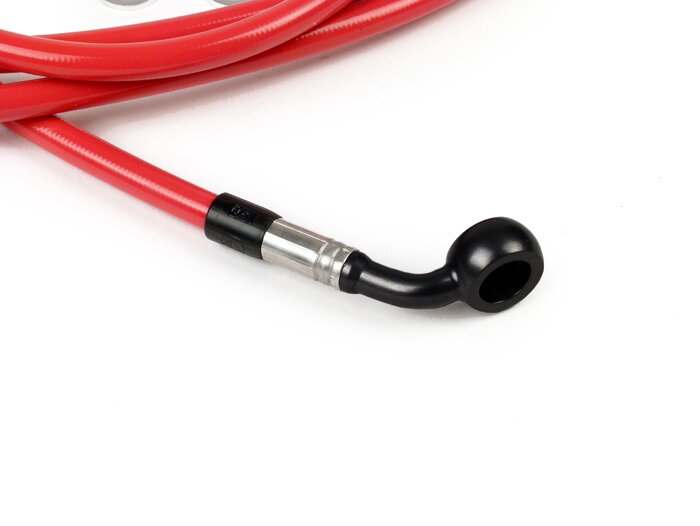 Brake hose, rear, for brake caliper Brembo P32G, P34G, Frando -SPIEGLER hose: stainless steel (red), fitting: aluminium (black)- Vespa (without ABS) GTS 250 (ZAPM451), GTS 125 i.e. (ZAPM453), GTS 300 i.e. (ZAPM452)