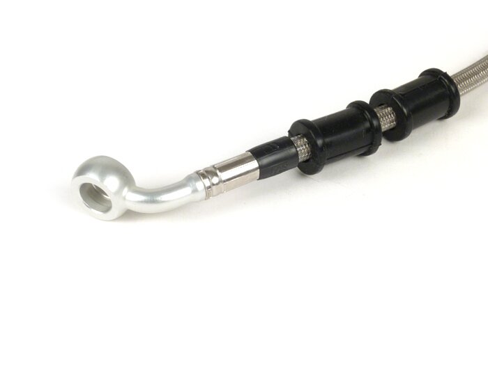 Tubo freno posteriore per pinza freno Brembo P32G, P34G, Frando -SPIEGLER Tubo: Acciaio inox (trasparente), Raccordo: Alluminio (argento)- Vespa (senza ABS) GTS 250 (ZAPM451), GTS 125 i.e. (ZAPM453), GTS 300 i.e. (ZAPM452)