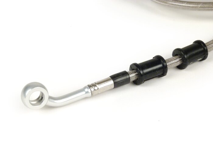 Tubo freno posteriore per pinza freno Brembo P32G, P34G, Frando -SPIEGLER Tubo: Acciaio inox (trasparente), Raccordo: Alluminio (argento)- Vespa (senza ABS) GTS 250 (ZAPM451), GTS 125 i.e. (ZAPM453), GTS 300 i.e. (ZAPM452)