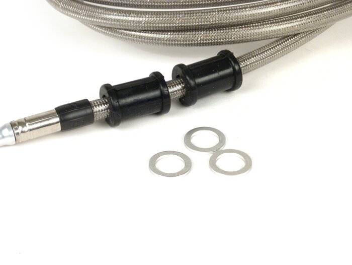 Tubo freno posteriore per pinza freno Brembo P32G, P34G, Frando -SPIEGLER Tubo: Acciaio inox (trasparente), Raccordo: Alluminio (argento)- Vespa (senza ABS) GTS 250 (ZAPM451), GTS 125 i.e. (ZAPM453), GTS 300 i.e. (ZAPM452)