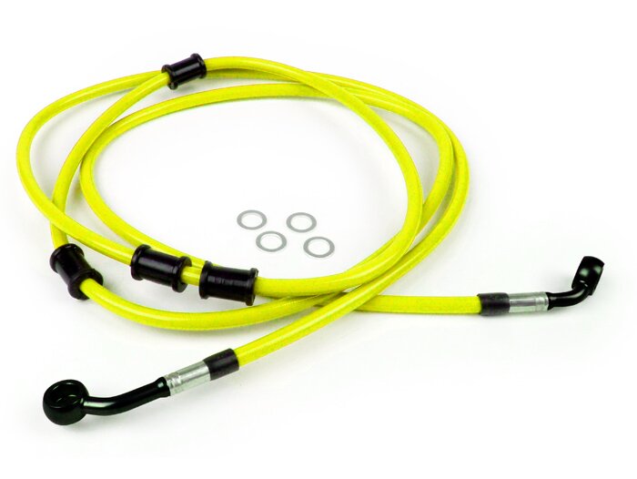 Latiguillo de freno trasero para Brembo P32G, P34G, pinza de freno Frando -Latiguillo SPIEGLER: acero inoxidable (amarillo), racor: aluminio (negro)- Vespa (sin ABS) GTS 250 (ZAPM451), GTS 125 i.e. (ZAPM453), GTS 300 i.e. (ZAPM452)