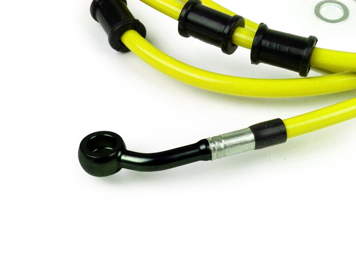 Latiguillo de freno trasero para Brembo P32G, P34G, pinza de freno Frando -Latiguillo SPIEGLER: acero inoxidable (amarillo), racor: aluminio (negro)- Vespa (sin ABS) GTS 250 (ZAPM451), GTS 125 i.e. (ZAPM453), GTS 300 i.e. (ZAPM452)