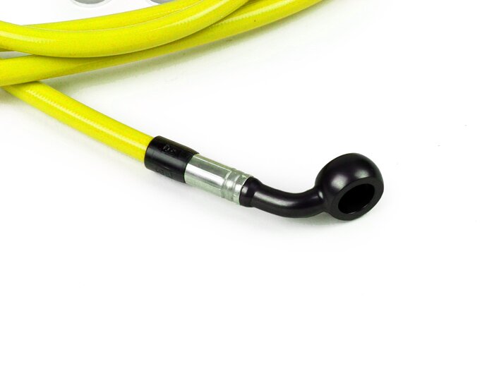 Latiguillo de freno trasero para Brembo P32G, P34G, pinza de freno Frando -Latiguillo SPIEGLER: acero inoxidable (amarillo), racor: aluminio (negro)- Vespa (sin ABS) GTS 250 (ZAPM451), GTS 125 i.e. (ZAPM453), GTS 300 i.e. (ZAPM452)