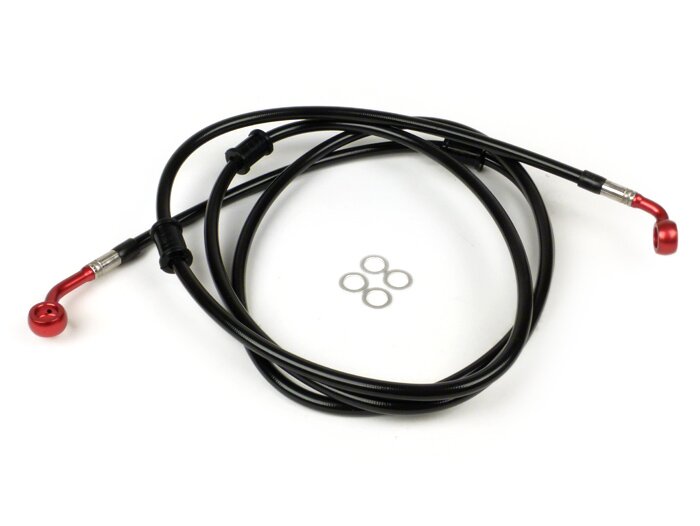 Durite de frein arrière pour étrier de frein Brembo P32G, P34G, Frando -SPIEGLER durite: inox (noir), raccord: aluminium (rouge)- Vespa GT 125 (ZAPM311), GT 200 (ZAPM312), GT L 125 (ZAPM311), GT L 200 (ZAPM312), GTS 125 (ZAPM313)