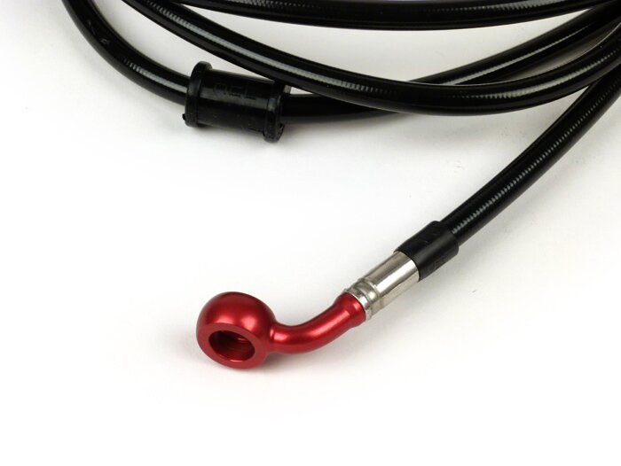Durite de frein arrière pour étrier de frein Brembo P32G, P34G, Frando -SPIEGLER durite: inox (noir), raccord: aluminium (rouge)- Vespa GT 125 (ZAPM311), GT 200 (ZAPM312), GT L 125 (ZAPM311), GT L 200 (ZAPM312), GTS 125 (ZAPM313)
