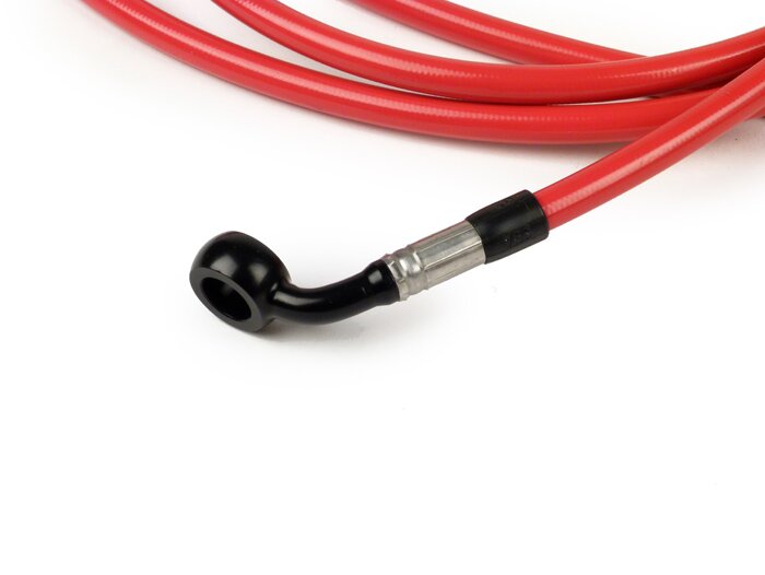 Selang rem belakang untuk kaliper rem Brembo P32G, P34G, Frando -Selang Spiegel: baja tahan karat (merah), fitting: aluminium (hitam) - Vespa GT 125 (ZAPM311), GT 200 (ZAPM312), GT L 125 (ZAPM311), GT L 200 (ZAPM312), GTS 125 (ZAPM313)