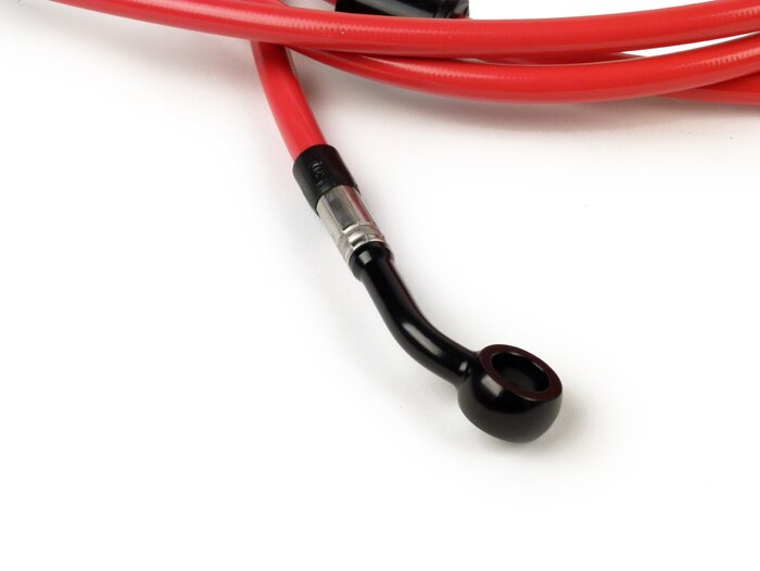 Selang rem belakang untuk kaliper rem Brembo P32G, P34G, Frando -Selang Spiegel: baja tahan karat (merah), fitting: aluminium (hitam) - Vespa GT 125 (ZAPM311), GT 200 (ZAPM312), GT L 125 (ZAPM311), GT L 200 (ZAPM312), GTS 125 (ZAPM313)