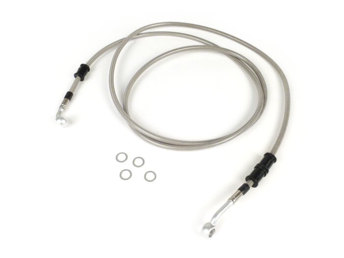Brake hose, rear, for brake caliper Brembo P32G, P34G, Frando -SPIEGLER hose: stainless steel (transparent), fitting: aluminium (silver)- Vespa (without ABS) GT 125 (ZAPM311), GT 200 (ZAPM312), GT L 125 (ZAPM311), GT L 200 (ZAPM312), GTS 125 (ZAPM313)