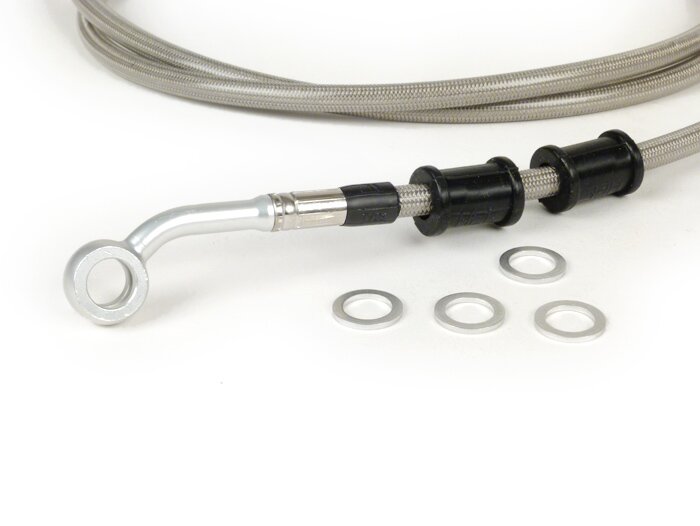 Brake hose, rear, for brake caliper Brembo P32G, P34G, Frando -SPIEGLER hose: stainless steel (transparent), fitting: aluminium (silver)- Vespa (without ABS) GT 125 (ZAPM311), GT 200 (ZAPM312), GT L 125 (ZAPM311), GT L 200 (ZAPM312), GTS 125 (ZAPM313)