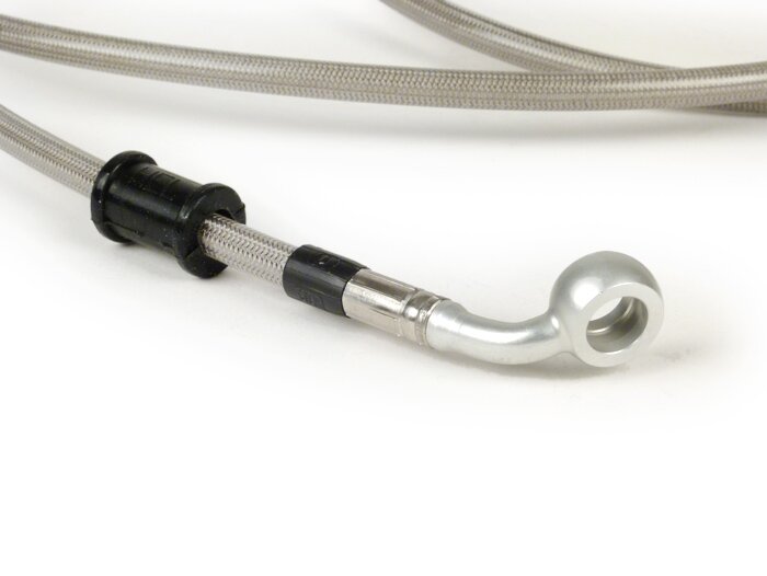 Brake hose, rear, for brake caliper Brembo P32G, P34G, Frando -SPIEGLER hose: stainless steel (transparent), fitting: aluminium (silver)- Vespa (without ABS) GT 125 (ZAPM311), GT 200 (ZAPM312), GT L 125 (ZAPM311), GT L 200 (ZAPM312), GTS 125 (ZAPM313)