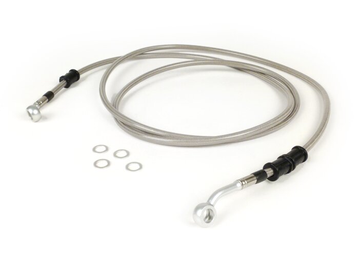 Brake hose, rear, for brake caliper Brembo P32G, P34G, Frando -SPIEGLER hose: stainless steel (transparent), fitting: aluminium (silver)- Vespa (without ABS) GT 125 (ZAPM311), GT 200 (ZAPM312), GT L 125 (ZAPM311), GT L 200 (ZAPM312), GTS 125 (ZAPM313)