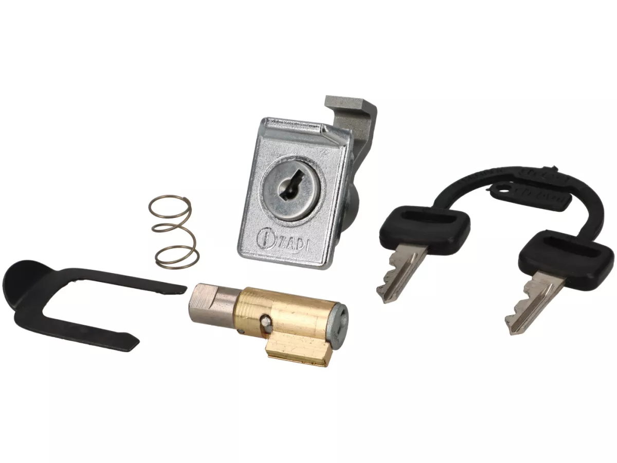 Kit serrure -ZADI 38,5x4mm- Vespa PX (-1984), V50 Special (V5A2-3T), GT125 (VNL2T, 62685-), GTR125 (VNL2T), TS (VNL3T), PV125 (VMA2T, 028960-), ET3 (VMB1T), Super 150 (VBC1T) - 2 pièces