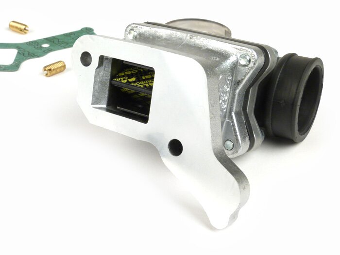 Pipe d’admission - pour clapet -MALOSSI clapet X360- Vespa PX80, PX125, PX150, T5, Cosa 125-200 - Ø connexion=34mm (carburateurs Ø28-30mm - PHBH, VHSH, PWK28, TMX30, Smartcarb 26-28)